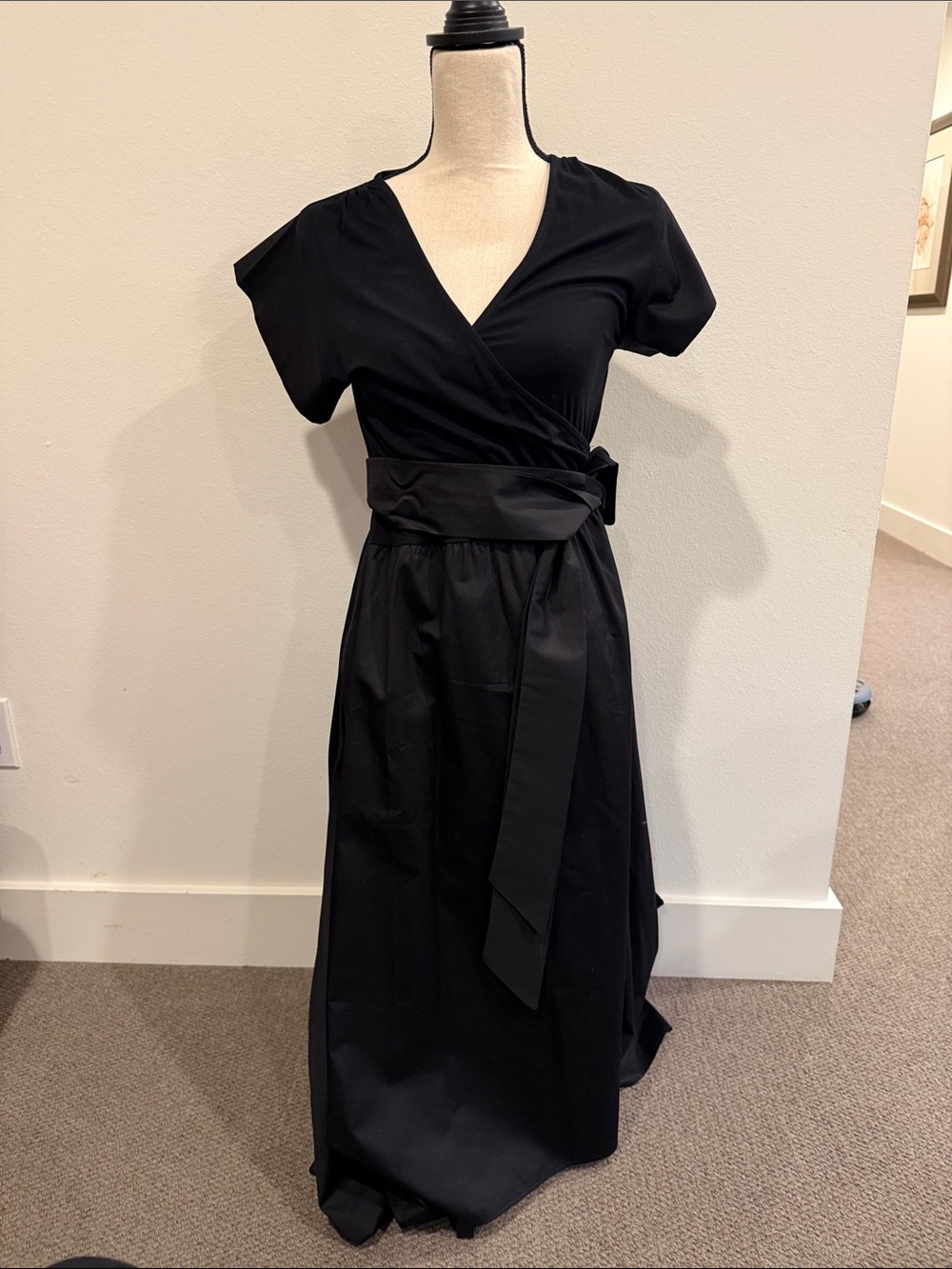 Classic Black Midi Wrap Dress with Waist Sash